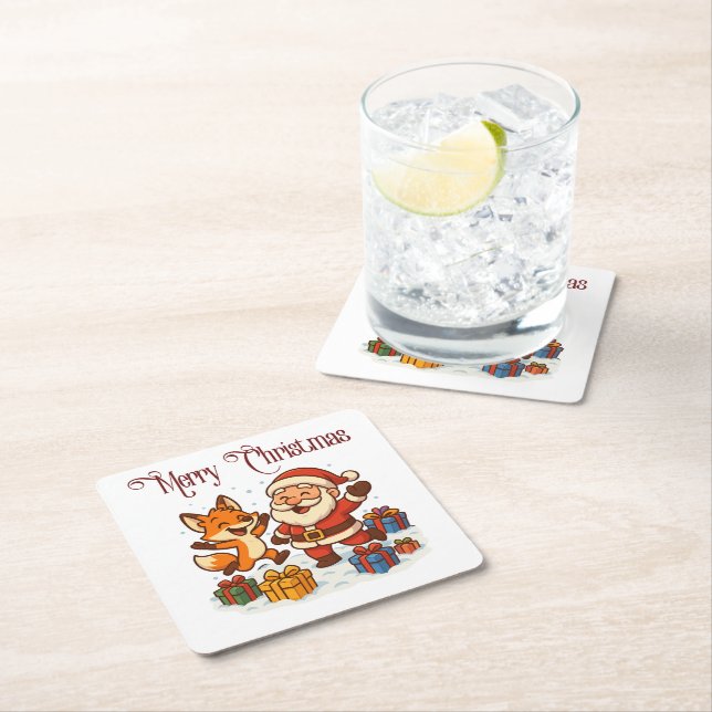 Fox and Santa Christmas Paper Coaster Underlägg Papper Kvadrat (Insitu)