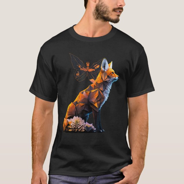 Fox Animal Art Butterfly Flowers Fox T Shirt (Framsida)