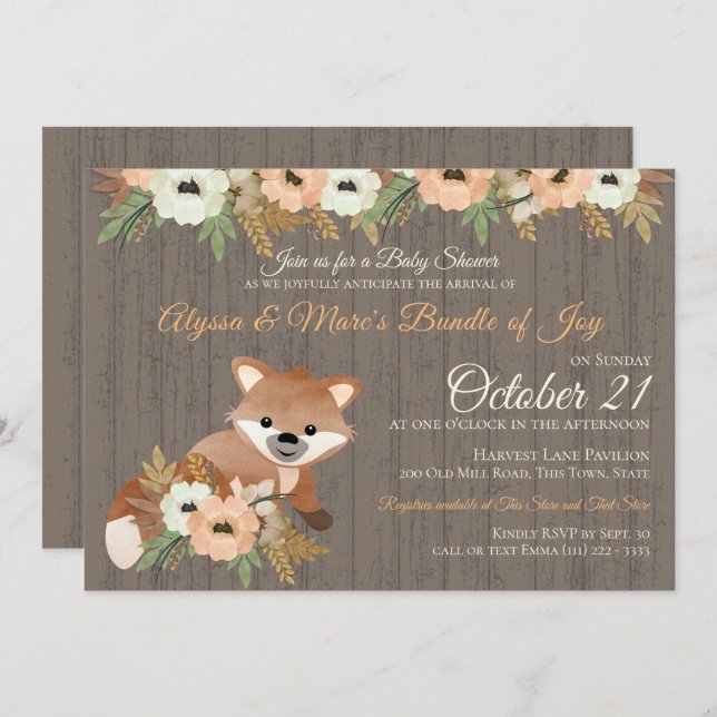 Fox Autumn Blommigt Woodland Baby Shower Inbjudningar (Fram/baksida)