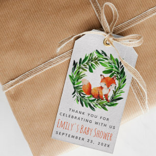 Fox Baby Shower Cute Woodland Watercolor Greenery Presentetikett