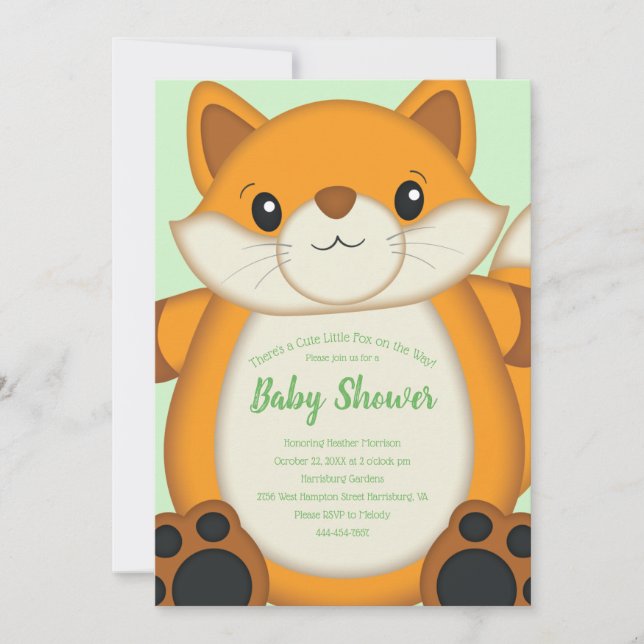 Fox Baby Shower-Grönt Inbjudningar (Framsida)