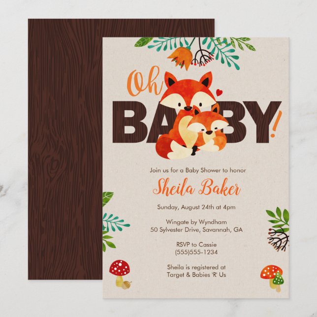 Fox Baby Shower-inbjudan - Baby Fox-inbjudningar Inbjudningar (Fram/baksida)