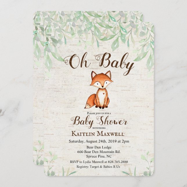 Fox Baby Shower-inbjudan Inbjudningar (Fram/baksida)