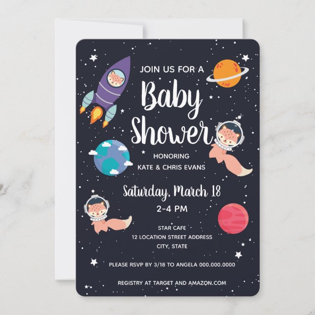 Fox Baby Shower Space Navy Galaxy Baby Shower Inbjudningar (Framsida)