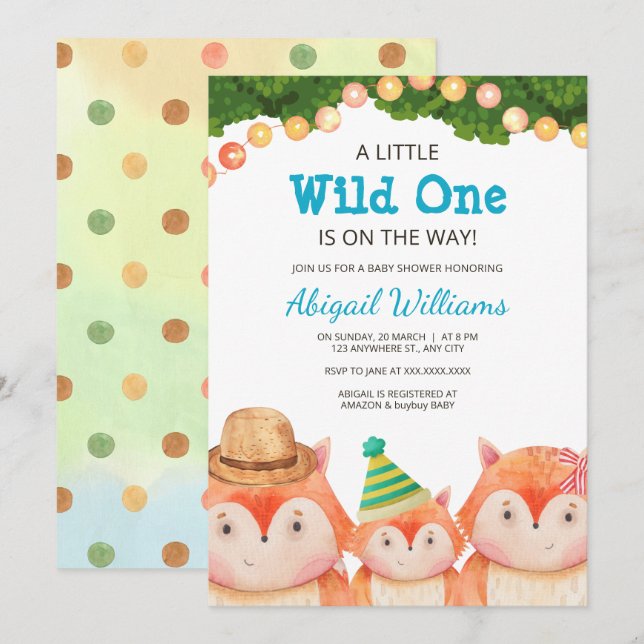 Fox Baby Shower Vild 1 i Woodland Family Fox Inbjudningar (Fram/baksida)