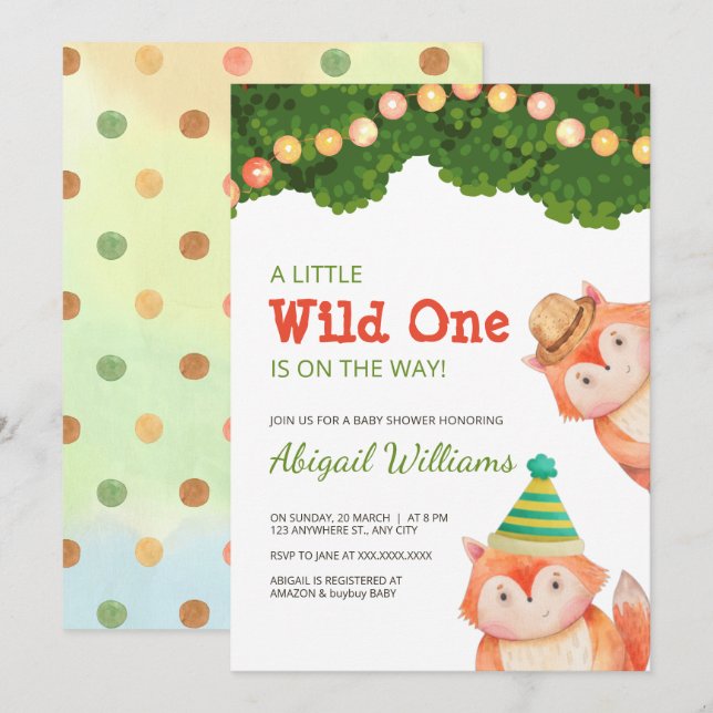 Fox Baby Shower Vild 1 i Woodland Family Fox Inbjudningar (Fram/baksida)