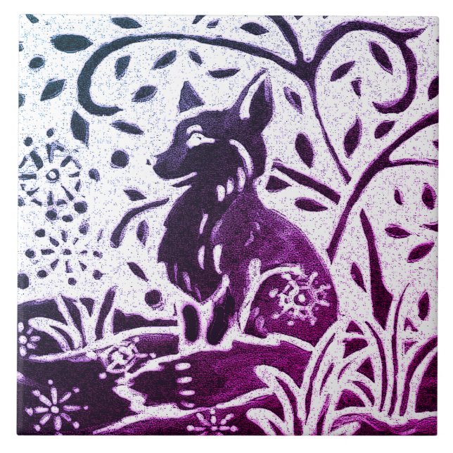 Fox Batik Modern Blue Lila Snö Winter Woodland Kakelplatta (Framsidan)