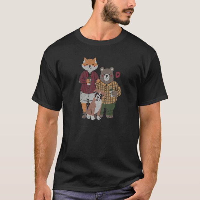Fox Bear Drink Coffee Cute Animals Family Valentin T Shirt (Framsida)