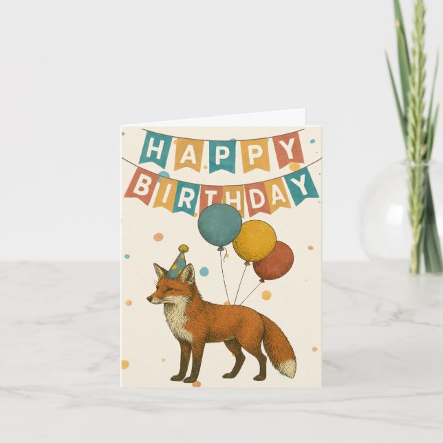 Fox Birthday Card - Cute Party Animal with Balloon Kort (Framsida)