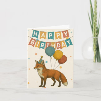 Fox Birthday Card - Cute Party Animal with Balloon Kort
