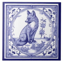 Fox Blue and White Asian Stil Folk Animal Art Kakelplatta