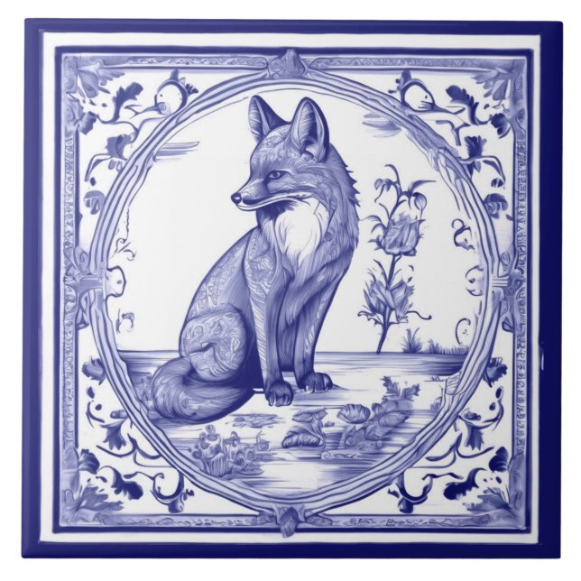 Fox Blue and White Asian Stil Folk Animal Art Kakelplatta (Framsidan)