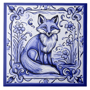 Fox Blue and White Mediterranean FolAnimal Art Kakelplatta