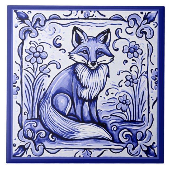 Fox Blue and White Mediterranean FolAnimal Art Kakelplatta (Framsidan)