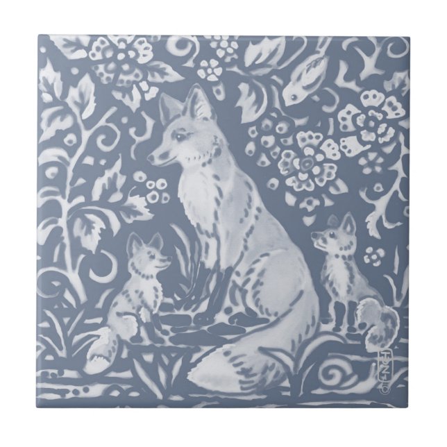 Fox Blue White Botanical Forest Painting Kakelplatta (Framsidan)