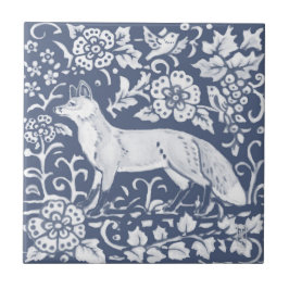 Fox Blue White Woodland Bird Löv Denim Ansikte L Kakelplatta
