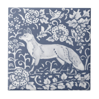 Fox Blue White Woodland Bird Löv Denim Ansikte L Kakelplatta