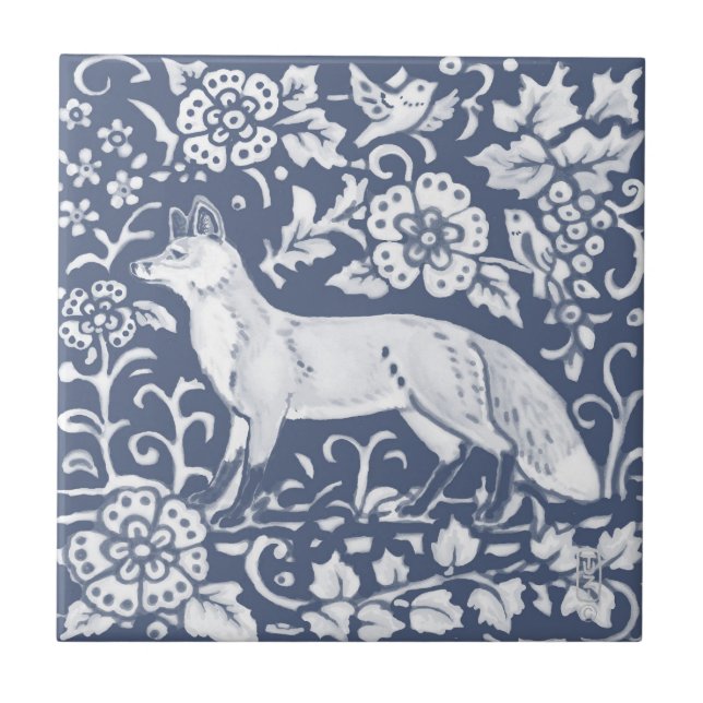 Fox Blue White Woodland Bird Löv Denim Ansikte L Kakelplatta (Framsidan)