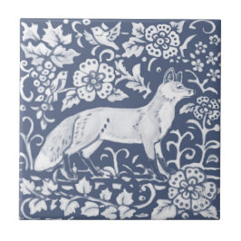 Fox Blue White Woodland Bird Löv Denim Kakelplatta