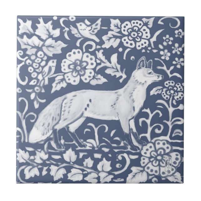 Fox Blue White Woodland Bird Löv Denim Kakelplatta (Framsidan)