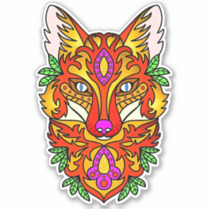 Fox boho abstrakt art varg lila röd gult klistermärken