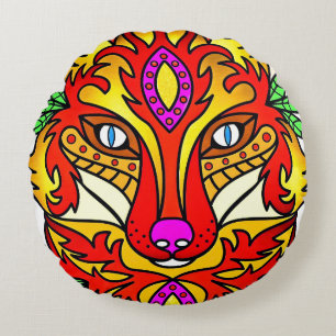 Fox boho abstrakt art varg red lila rund kudde