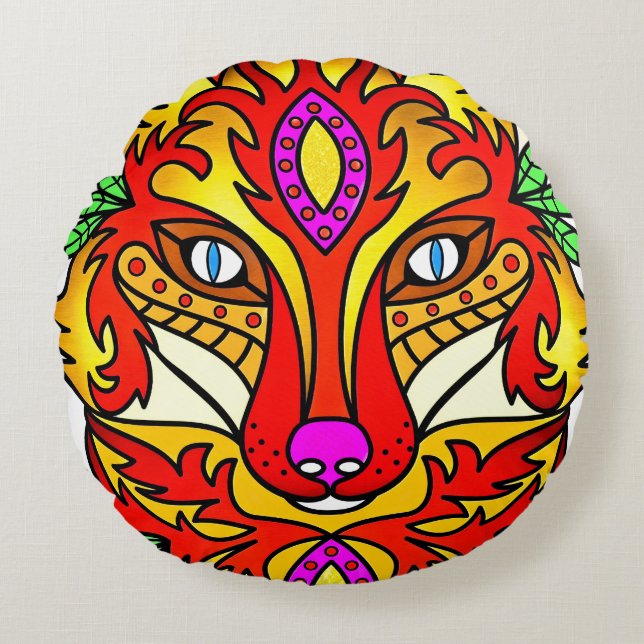 Fox boho abstrakt art varg red lila rund kudde (Framsidan)