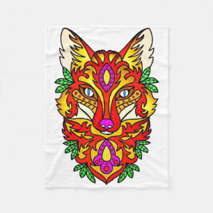Fox boho varg abstrakt art röd lila vit fleecefilt