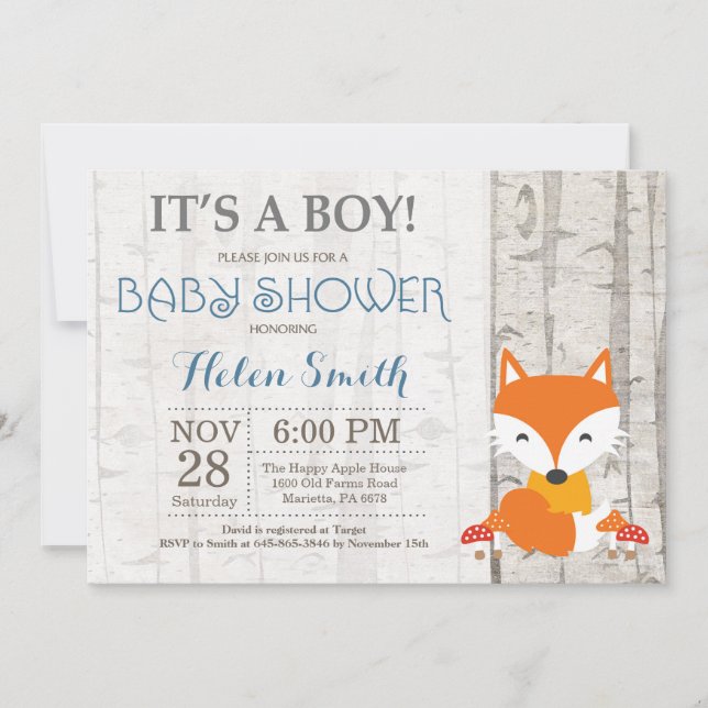 Fox Boy Shower-inbjudan Rustic Woodland Inbjudningar (Framsida)
