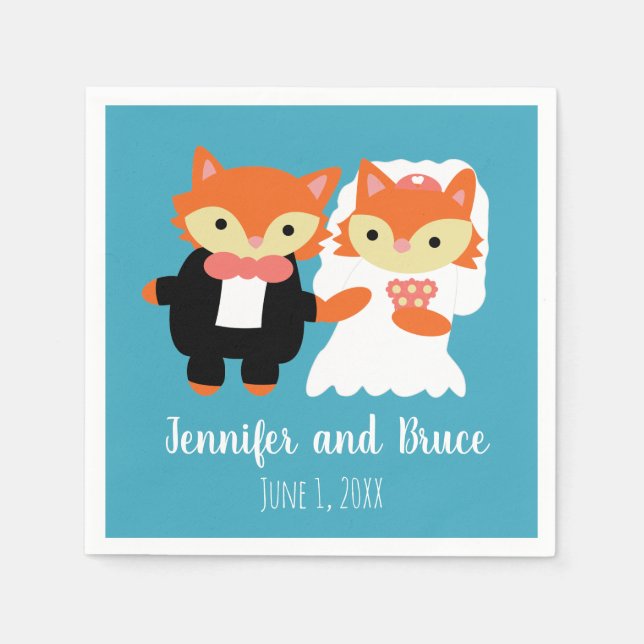 Fox Bride Groom Bröllop Blue Turquise Personalize Pappersservett (Framsidan)