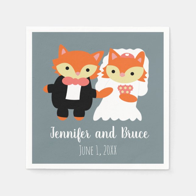 Fox Bride Groom Bröllop Grått Cute Personalize Pappersservett (Framsidan)