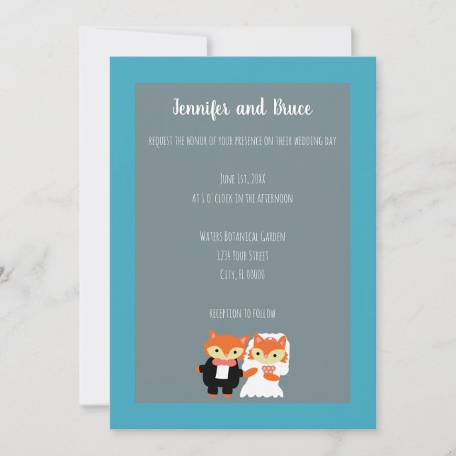 Fox Bride Groom Cute Teal Grått Personalize Bröllo Inbjudningar (Framsida)