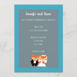Fox Bride Groom Cute Teal Grått Personalize Bröllo Inbjudningar