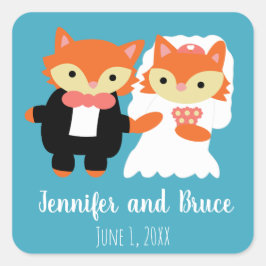 Fox Bröllop Cute Blue Personalize Fyrkantigt Klistermärke
