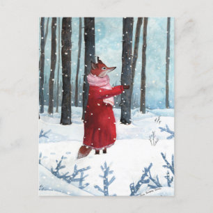 Fox Catching Snöflingor Watercolor Illustration Vykort