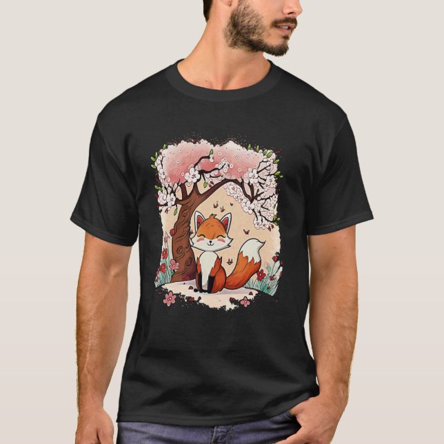 Fox Cherry Blommar Japanska Aesthetic Vaporwave T Shirt (Framsida)