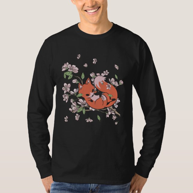 Fox Cherry Blossom Foxes Japanese Flower Sakura T Shirt (Framsida)