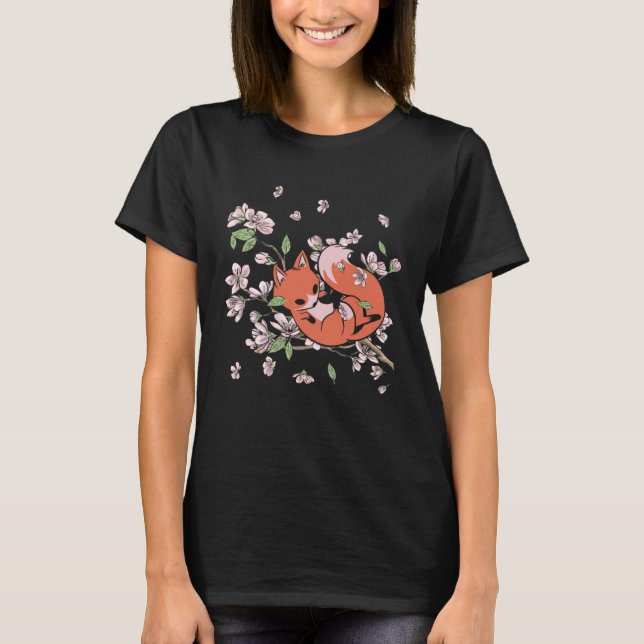 Fox Cherry Blossom Foxes Japanese Flower Sakura T Shirt (Framsida)