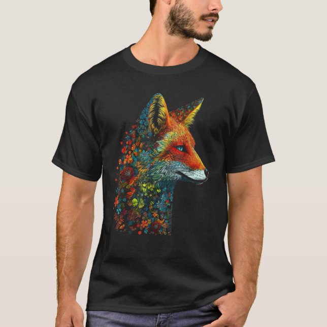 Fox Colourful Flowers  Blue Eyes Animal Fox T Shirt (Framsida)