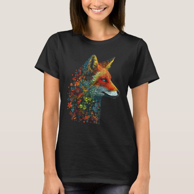 Fox Colourful Flowers  Blue Eyes Animal Fox T Shirt (Framsida)