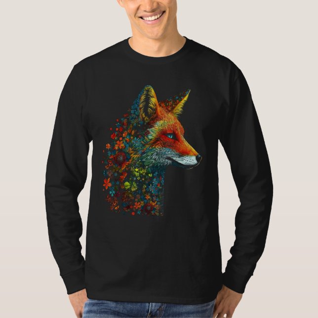 Fox Colourful Flowers  Blue Eyes Animal Fox T Shirt (Framsida)
