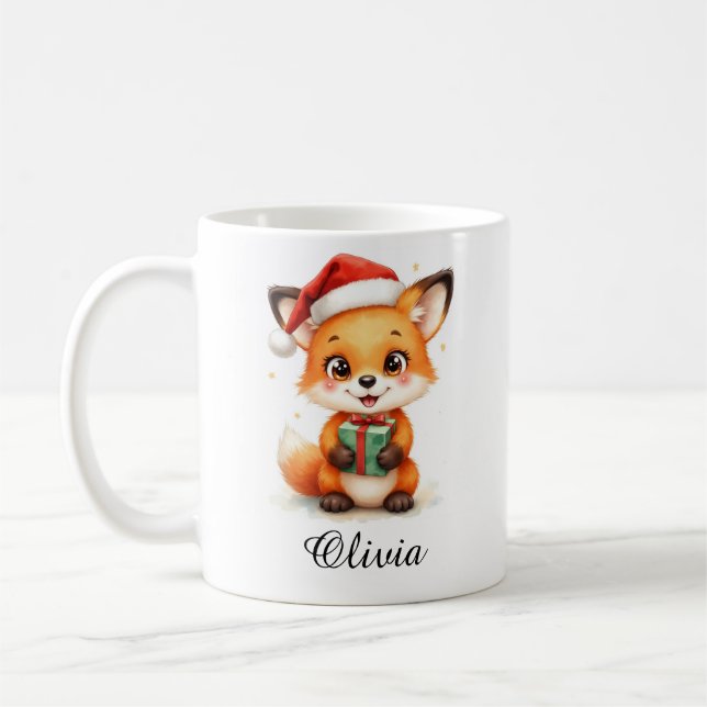 Fox Cub in Santa Hat Custom Name Mug Kaffemugg (Vänster)