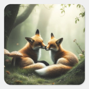 Fox Cuddle i Misty Forest Fyrkantigt Klistermärke