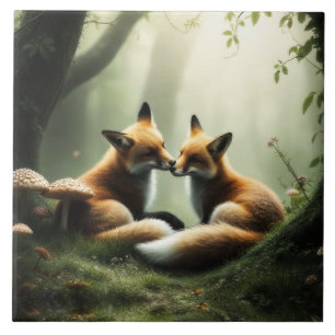 Fox Cuddle i Misty Forest Kakelplatta