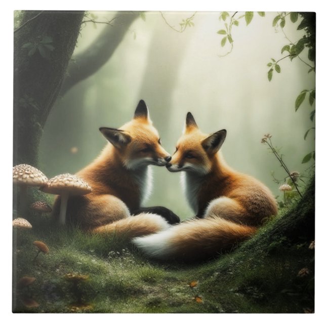 Fox Cuddle i Misty Forest Kakelplatta (Framsidan)