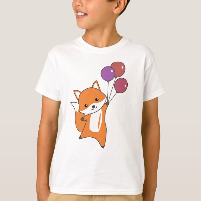 Fox Cute Animals flyger på ballonger Barn T Shirt (Framsida)