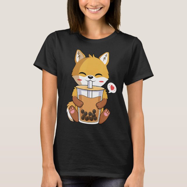 Fox Drinking Boba Bubble Tea Älskare T Shirt (Framsida)
