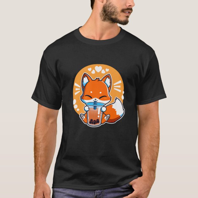 Fox Drinking Boba Tea Bubble Mjölk Tea Kawaii Anim T Shirt (Framsida)