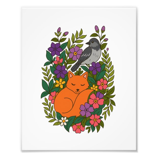 Fox, duva och blommor fototryck (Framsidan)