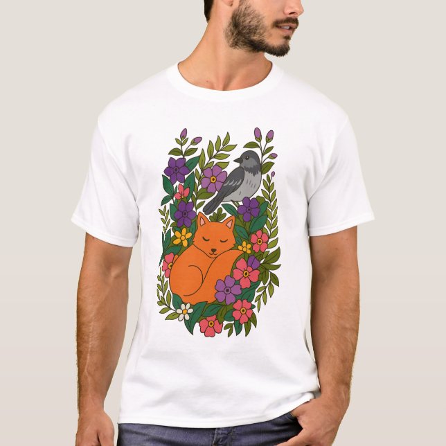 Fox, duva och blommor t shirt (Framsida)